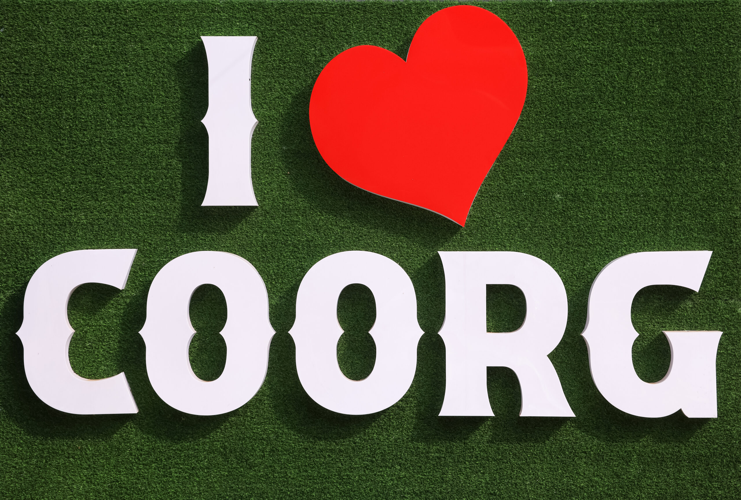 I Love Coorg sign promoted by Karnataka tourism in Madikeri, Karnataka, India.